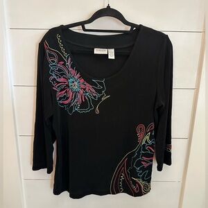 Chicos M black beaded stretch woman 3/4 sleeve tunic floral top coastal grandma